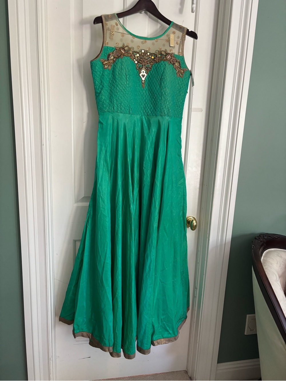 Indo Western Emerald Green Embellished Party Long Dress 20 inch bust large size
